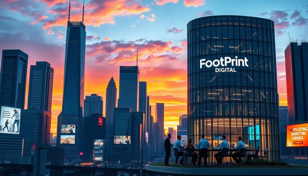 A bustling cityscape with towering skyscrapers and neon-lit billboards, set against a vibrant, sunset-hued sky. In the foreground, a sleek, modern office building adorned with the "FootPrint Digital" logo stands tall, its glass facade reflecting the dynamic energy of the urban landscape. Within the building, a team of digital marketing experts gathers around a conference table, analyzing data and strategizing their next PPC advertising campaign. The scene exudes a sense of innovation, efficiency, and the relentless pursuit of digital marketing success.